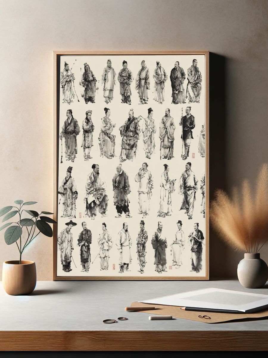 Chinese Ink Figures Illustration Print. — room view 2