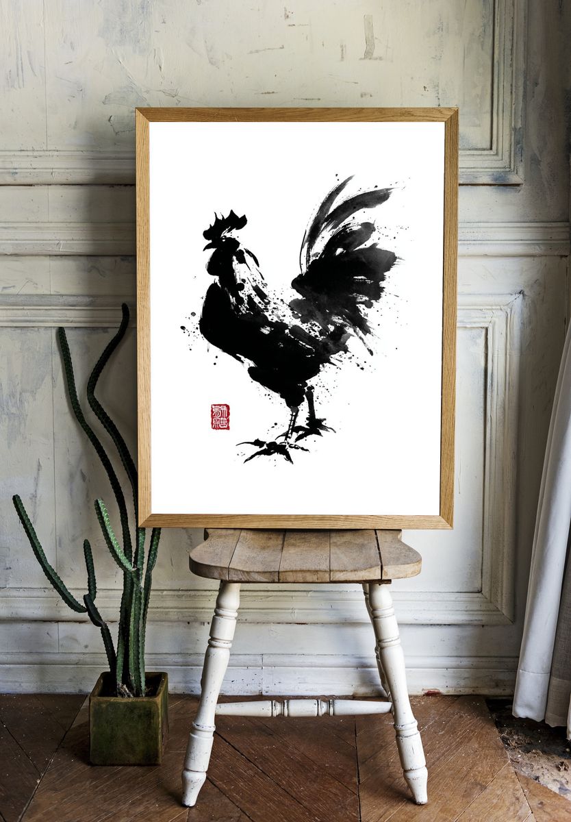 Elegant Rooster Ink Art Poster. — room view 1