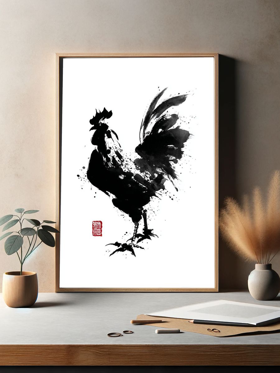 Elegant Rooster Ink Art Poster. — room view 2