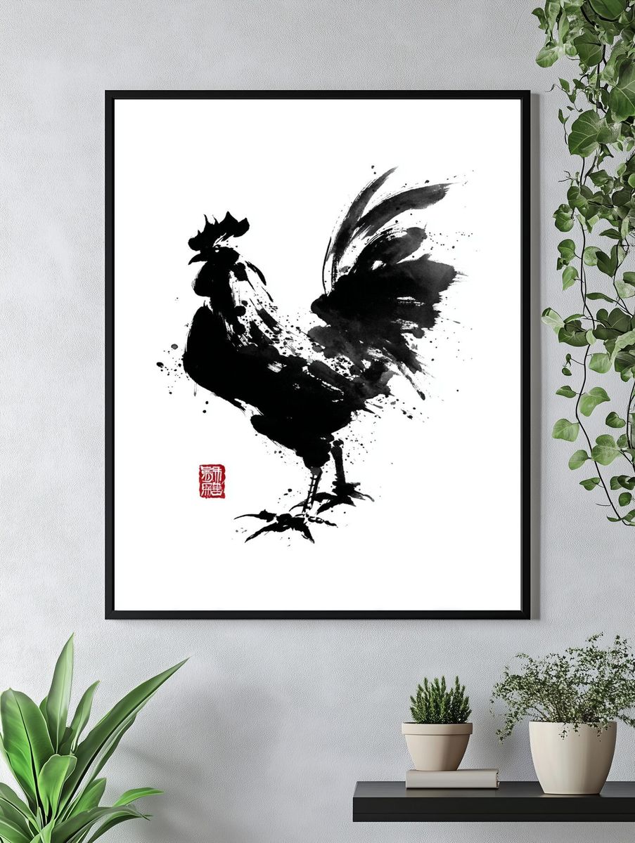 Elegant Rooster Ink Art Poster. — room view 4