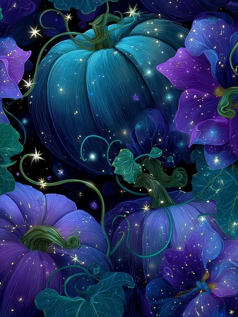 Mystical Pumpkins and Flowers — Illustration Print. poster — illustration art