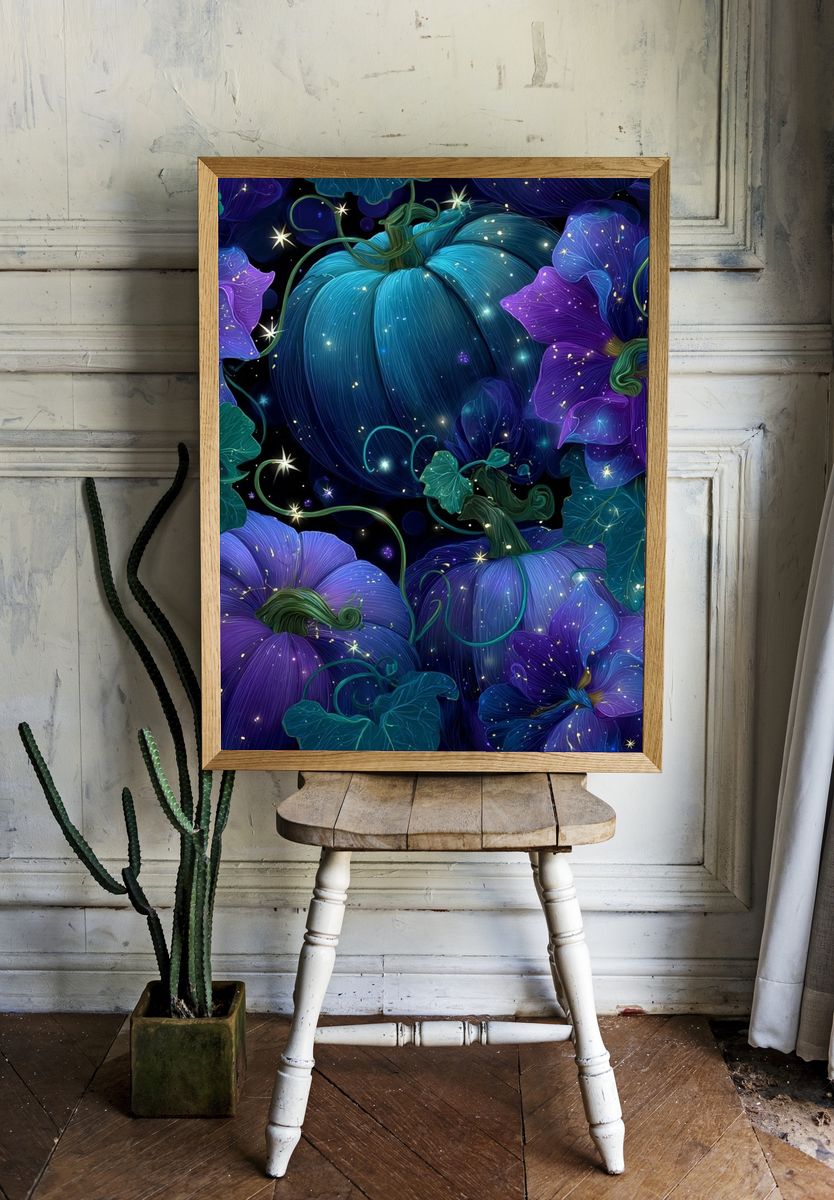 Mystical Pumpkins and Flowers — Illustration Print. — room view 1