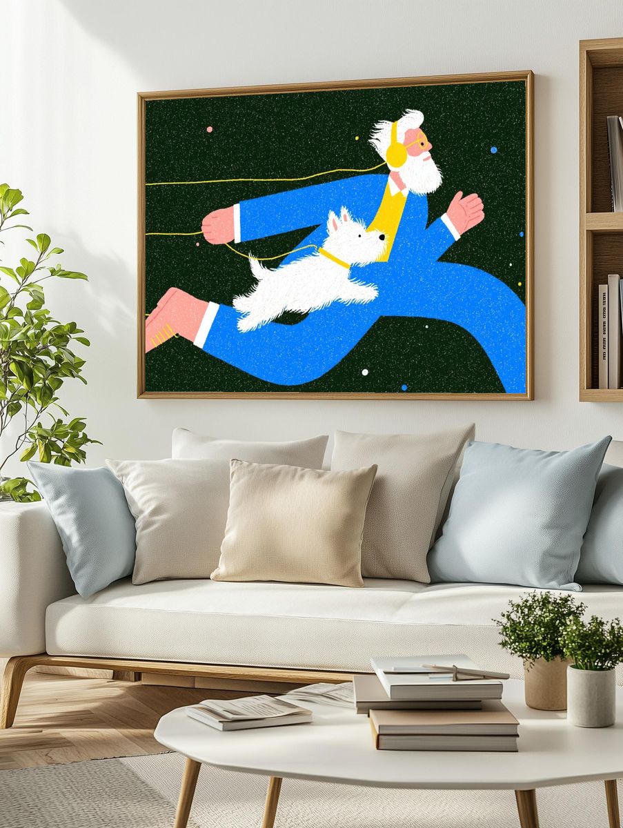 Elderly Man Running with Dog — Illustration Print. — room view 2