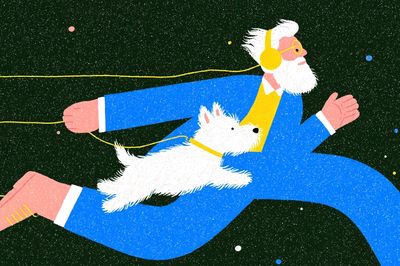 Elderly Man Running with Dog — Illustration Print. poster print