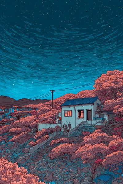 Starry Night Over a House — Illustration Print. poster