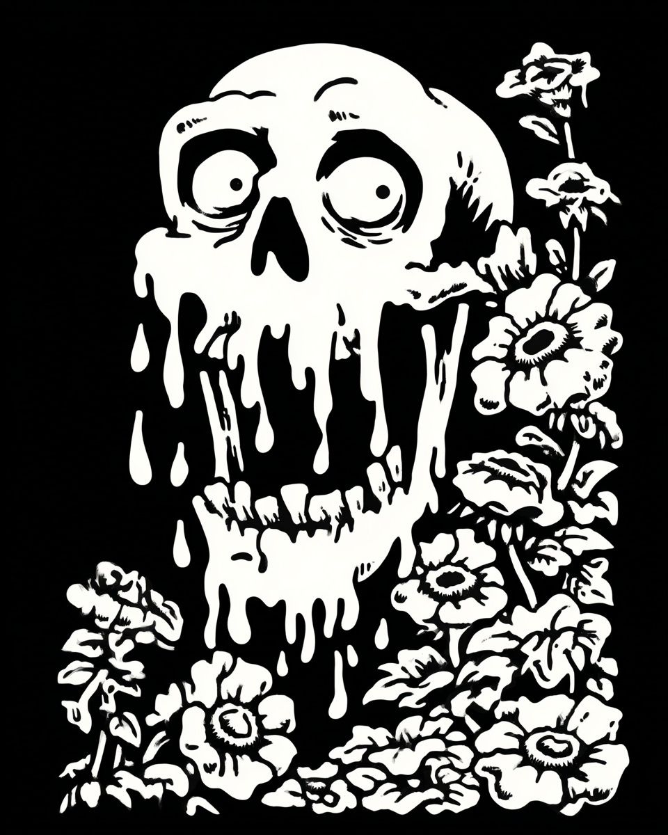 Dripping Skull with Flowers — Illustration Print. poster detail