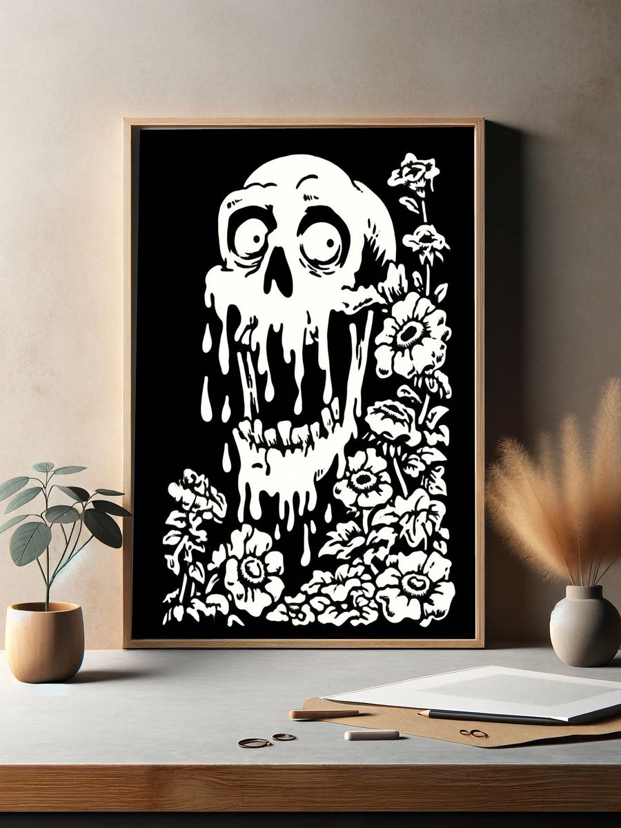 Dripping Skull with Flowers — Illustration Print. — room view 2