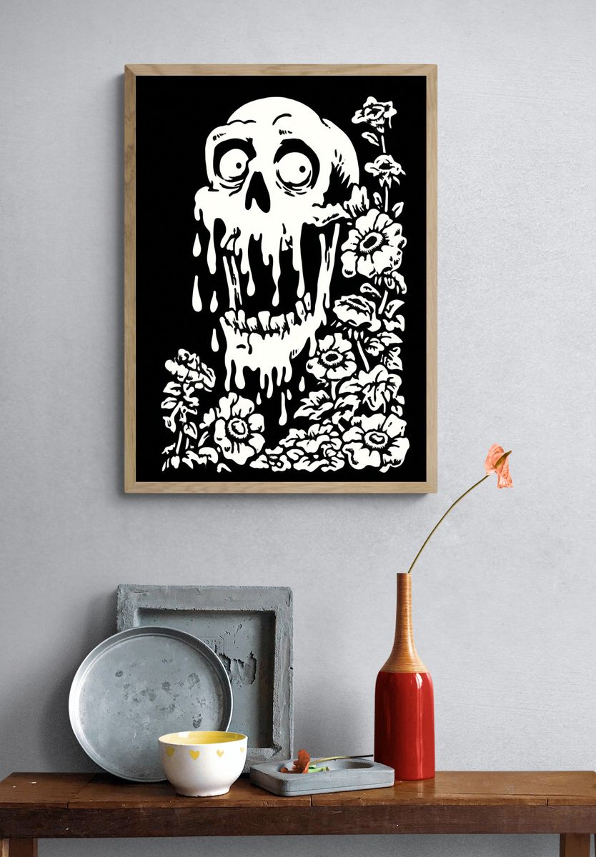 Dripping Skull with Flowers — Illustration Print. — room view 3
