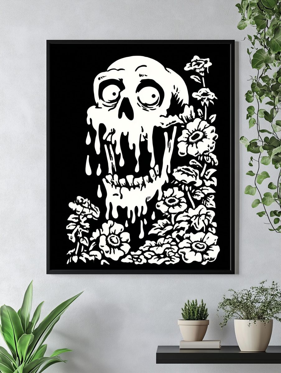 Dripping Skull with Flowers — Illustration Print. — room view 4