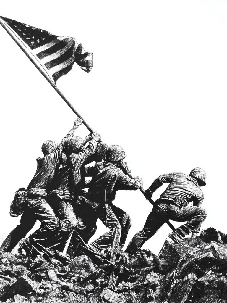 Iwo Jima Flag Raising Black-White Print. poster detail
