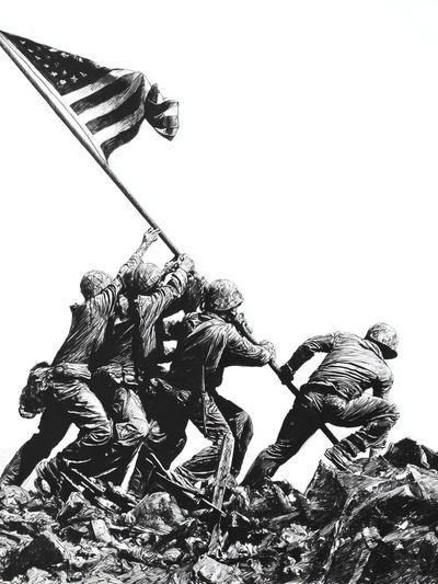 Iwo Jima Flag Raising Black-White Print. poster
