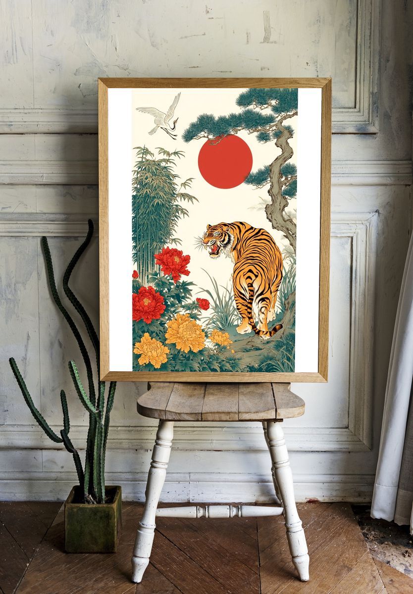 Tiger and Crane — Japanese Art Print. — room view 1