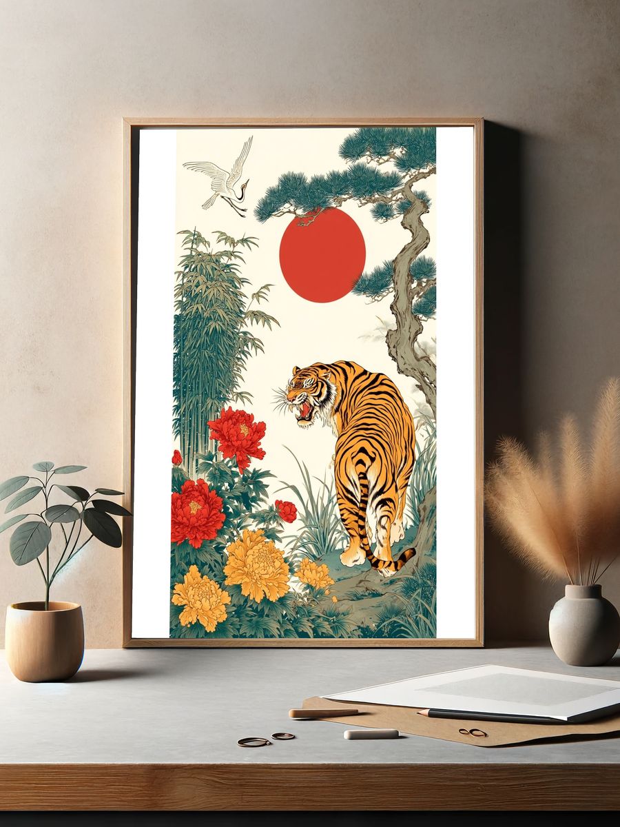 Tiger and Crane — Japanese Art Print. — room view 2