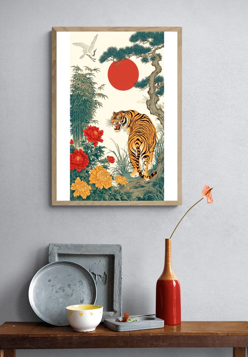Tiger and Crane — Japanese Art Print. — room view 3