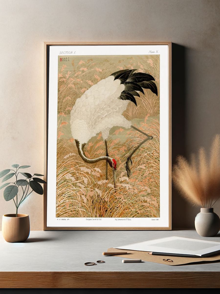 Sarus crane in rice field — Art Print. — room view 2