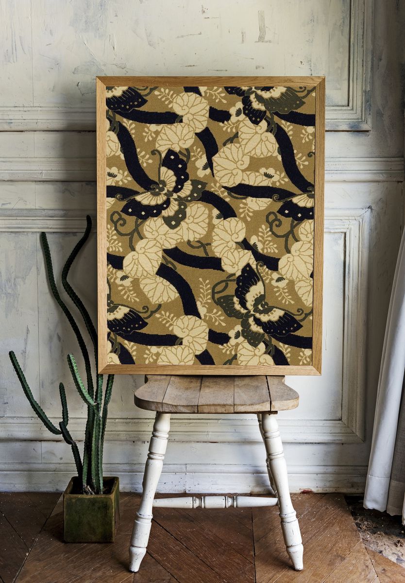 Brown Japanese butterflies background, traditional fan pattern — Art Print. — room view 1