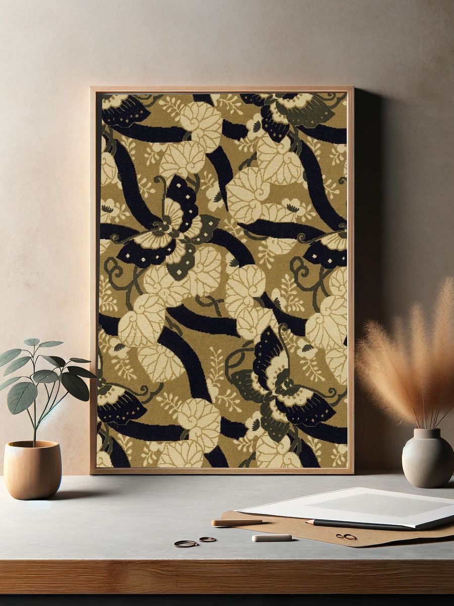 Brown Japanese butterflies background, traditional fan pattern — Art Print. — room view 2
