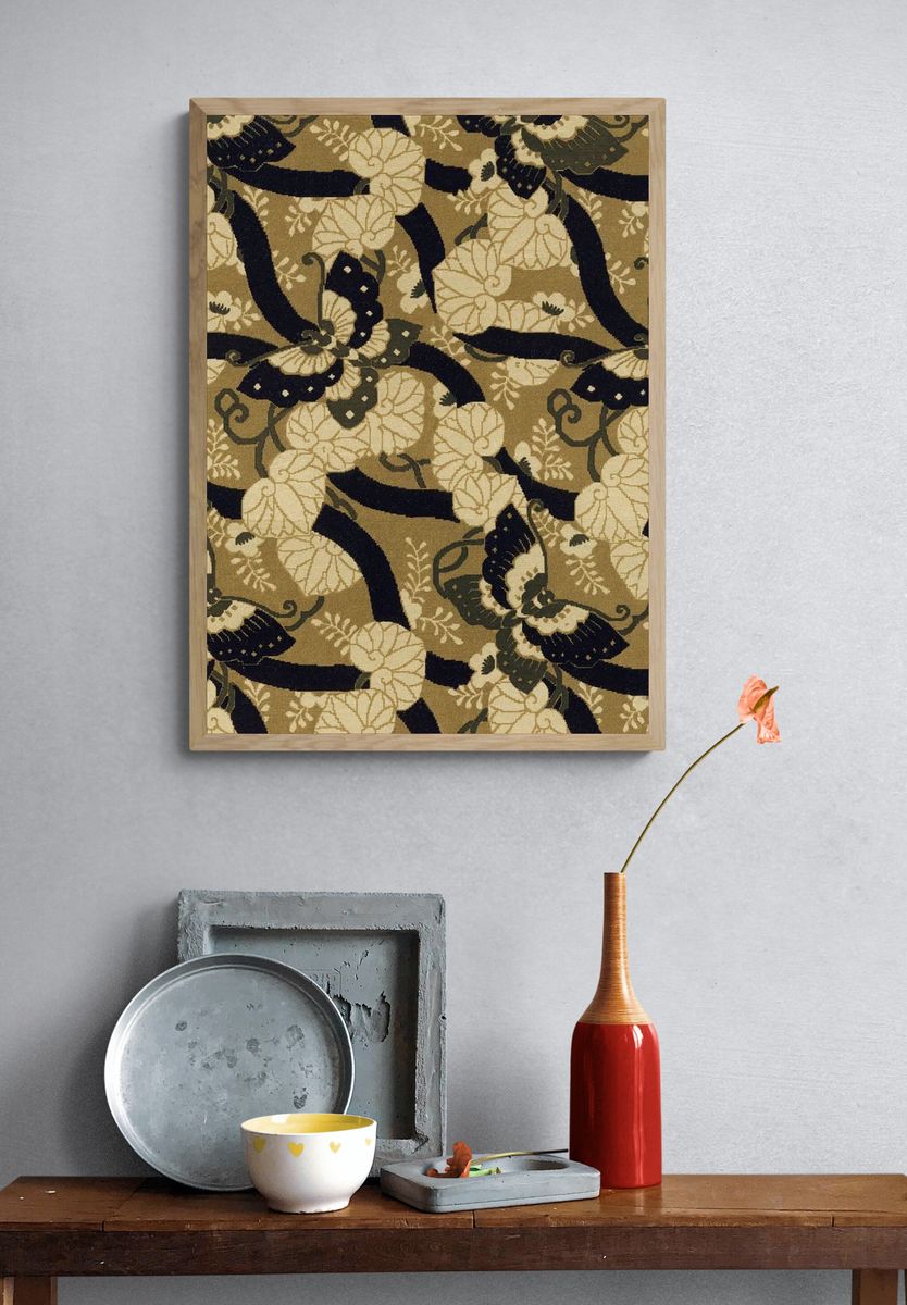 Brown Japanese butterflies background, traditional fan pattern — Art Print. — room view 3