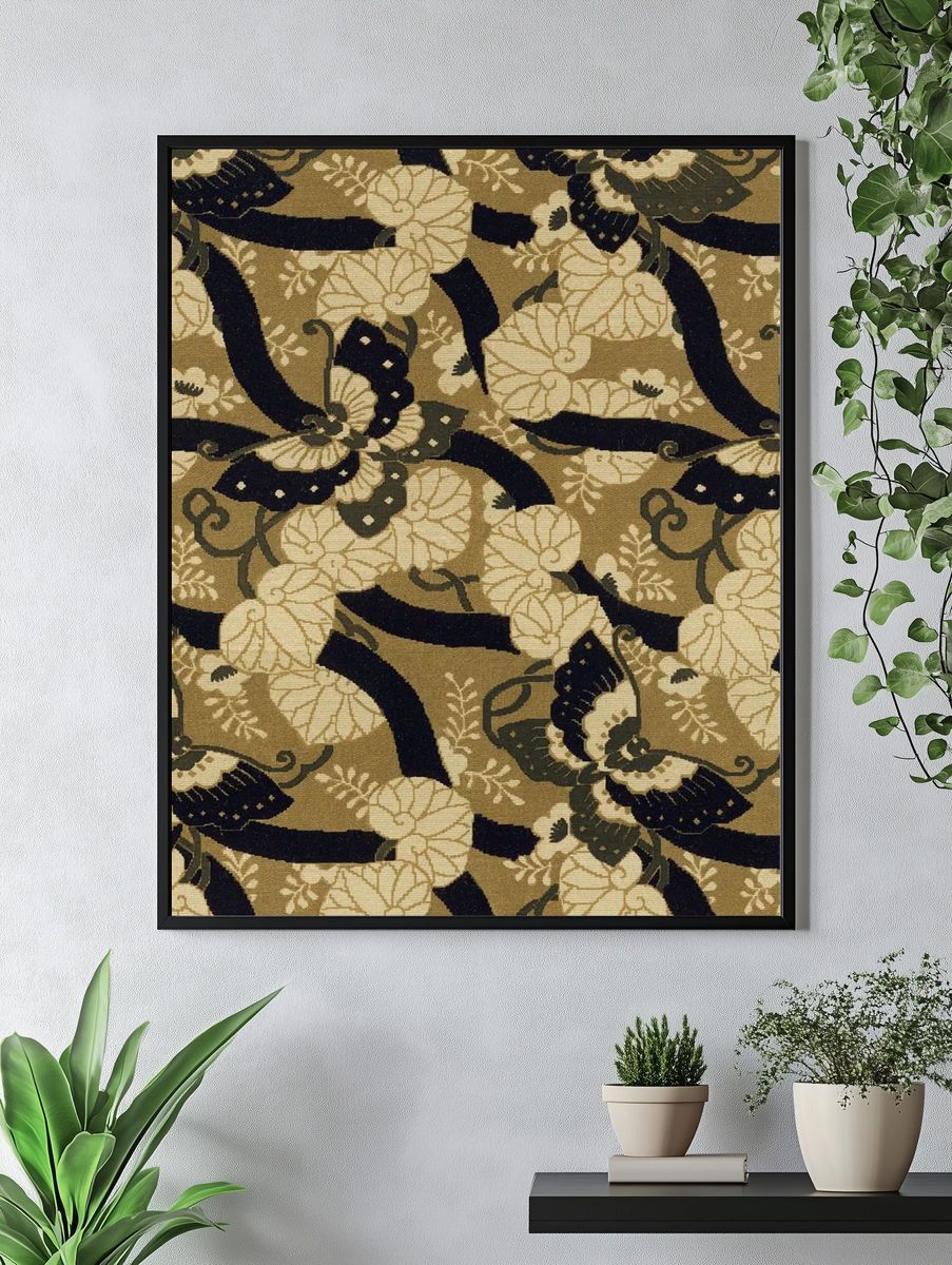 Brown Japanese butterflies background, traditional fan pattern — Art Print. — room view 4