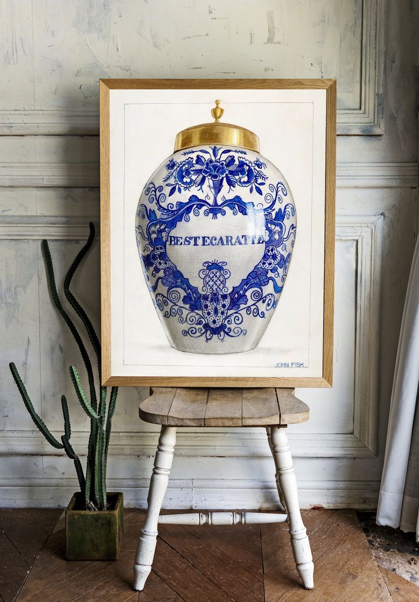 Decorative Blue and White Jar — Fine Art Print. — room view 1