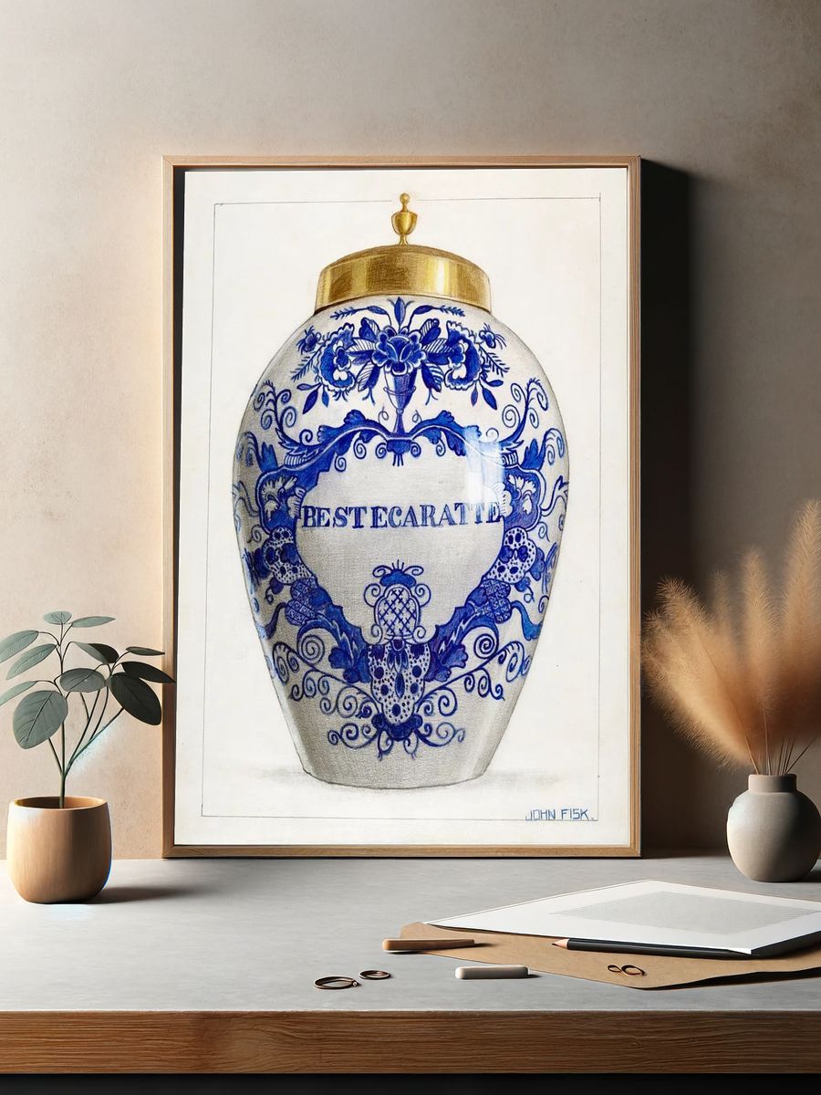 Decorative Blue and White Jar — Fine Art Print. — room view 2