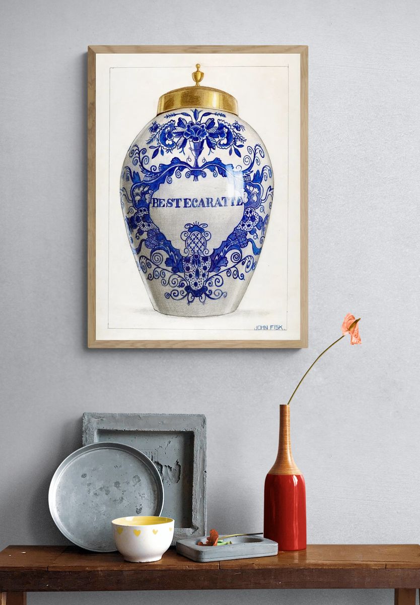 Decorative Blue and White Jar — Fine Art Print. — room view 3