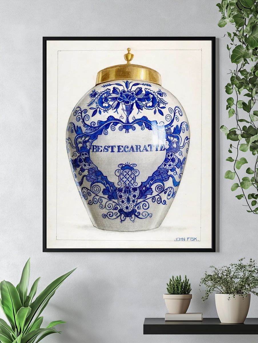 Decorative Blue and White Jar — Fine Art Print. — room view 4