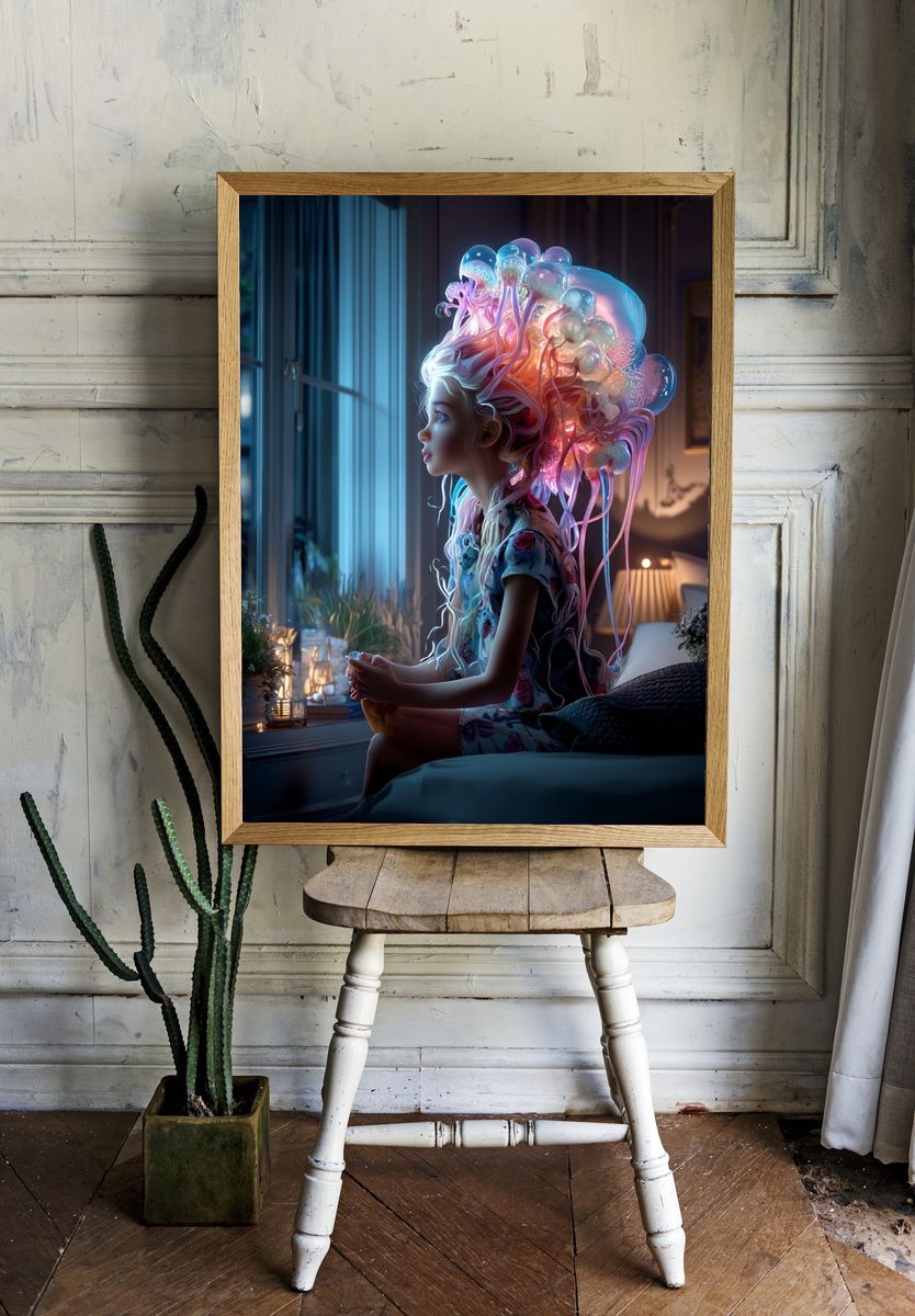 Dreamy Jellyfish Girl — Digital Art Print. — room view 1