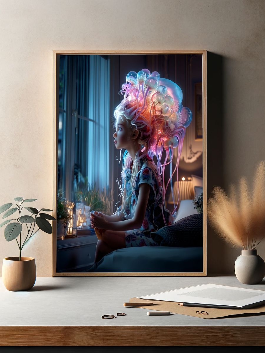 Dreamy Jellyfish Girl — Digital Art Print. — room view 2