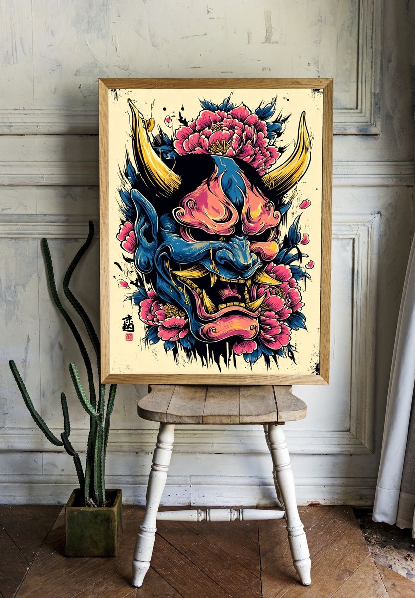 Japanese Oni Mask — Illustration Print. — room view 1
