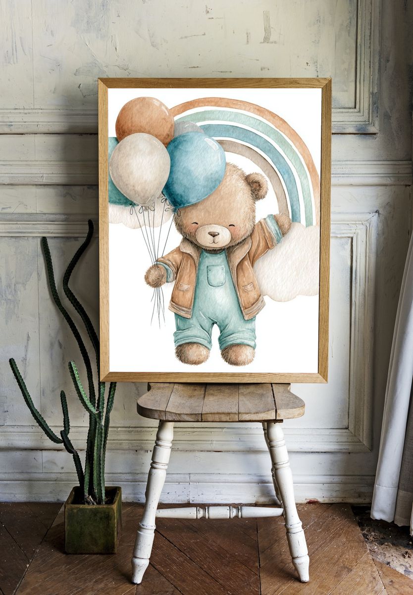 Cute Bear with Balloons — Watercolor Print room preview