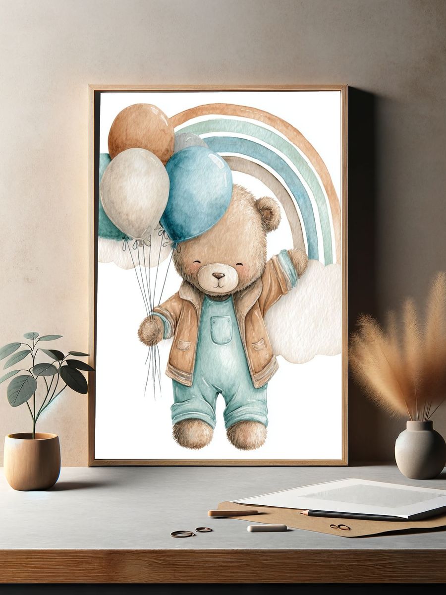 Cute Bear with Balloons — Watercolor Print. — room view 2