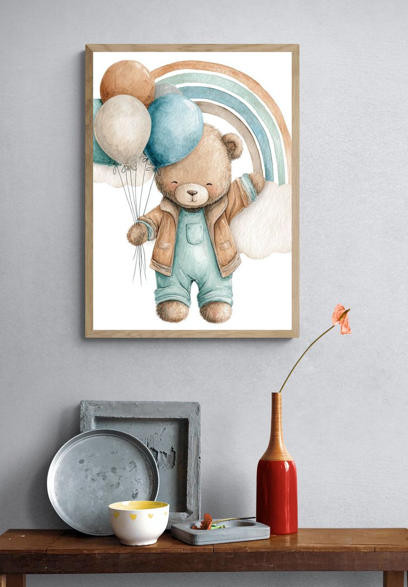 Cute Bear with Balloons — Watercolor Print. — room view 3