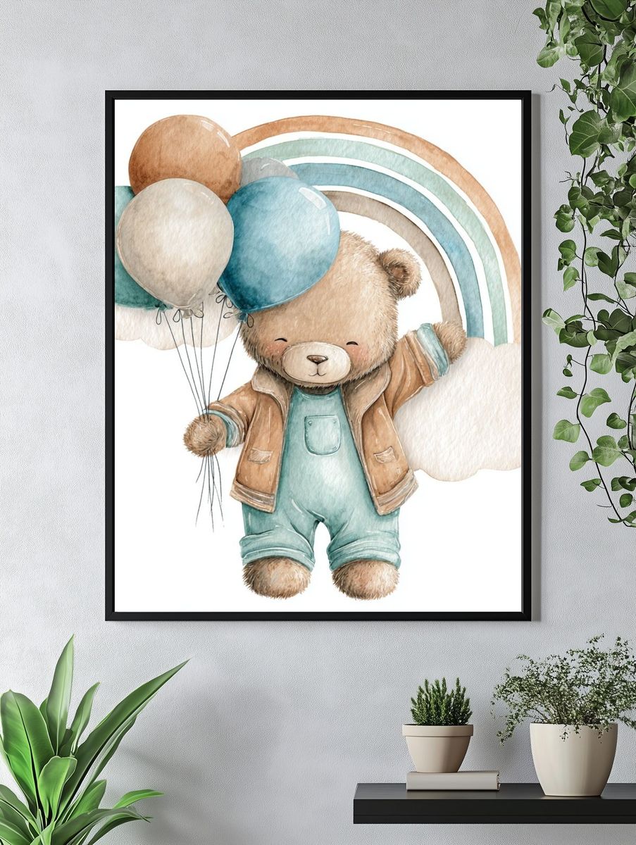 Cute Bear with Balloons — Watercolor Print. — room view 4