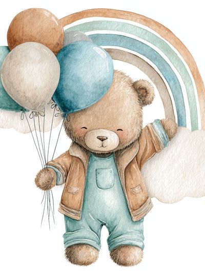 Cute Bear with Balloons — Watercolor Print