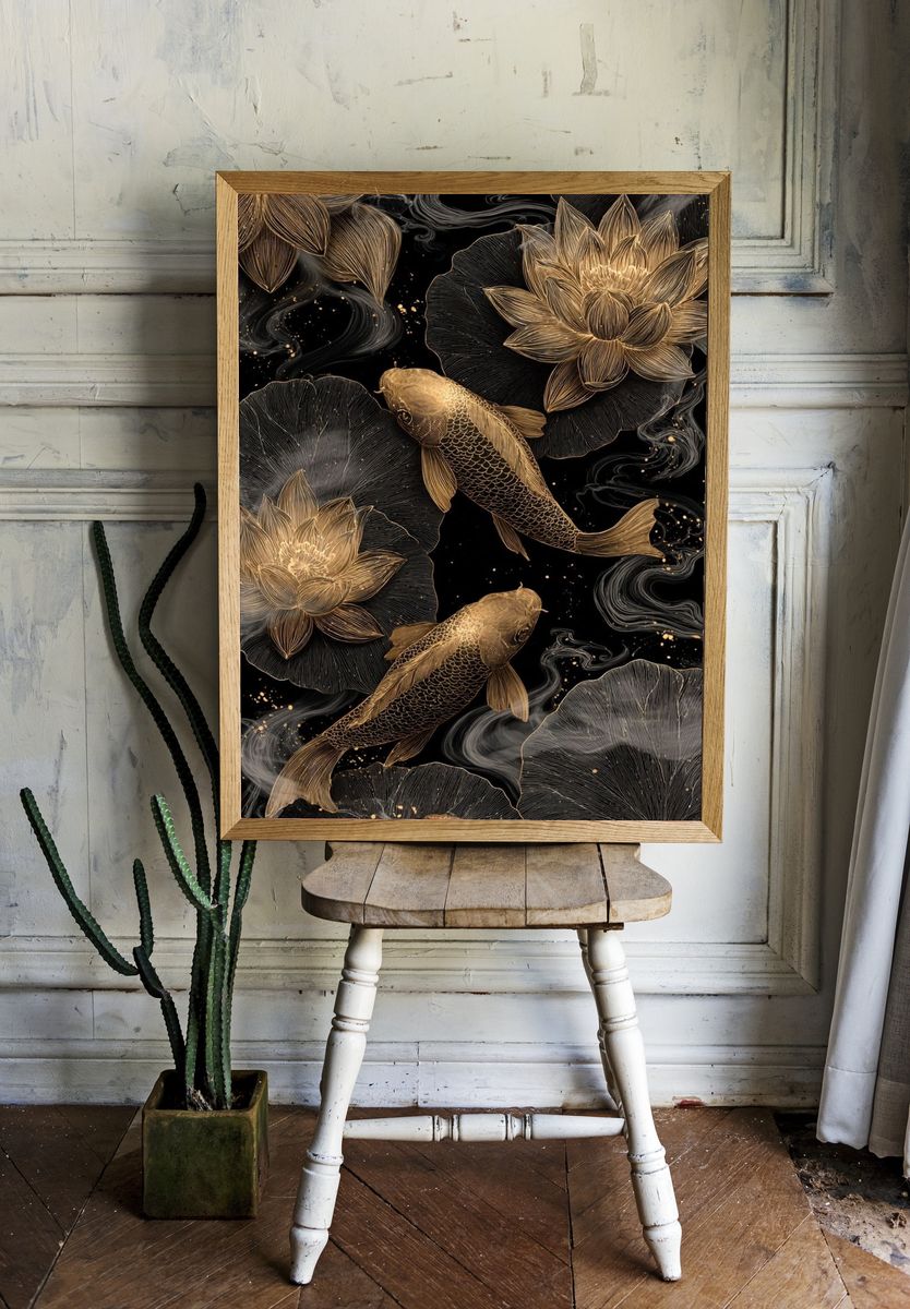 Koi Fish and Lotus — Art Print. — room view 1