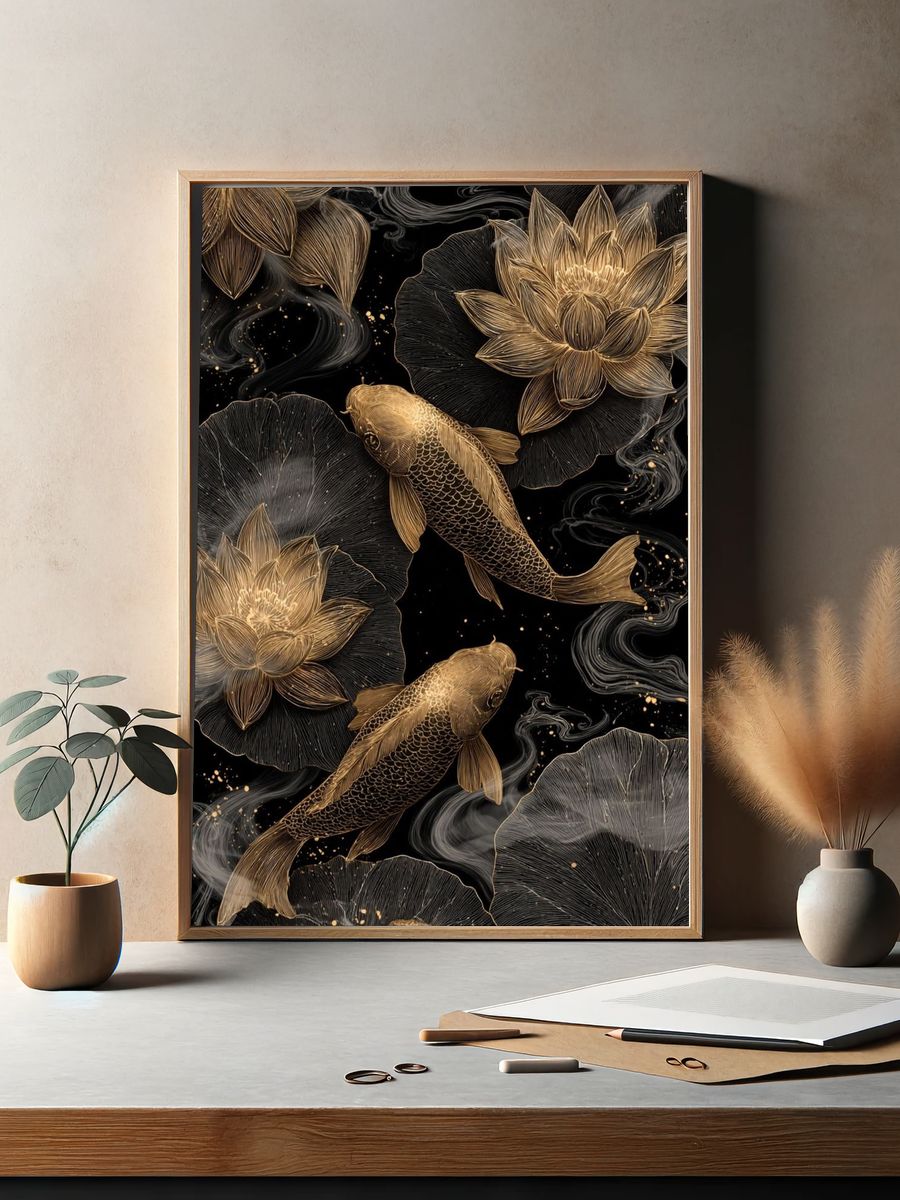 Koi Fish and Lotus — Art Print. — room view 2