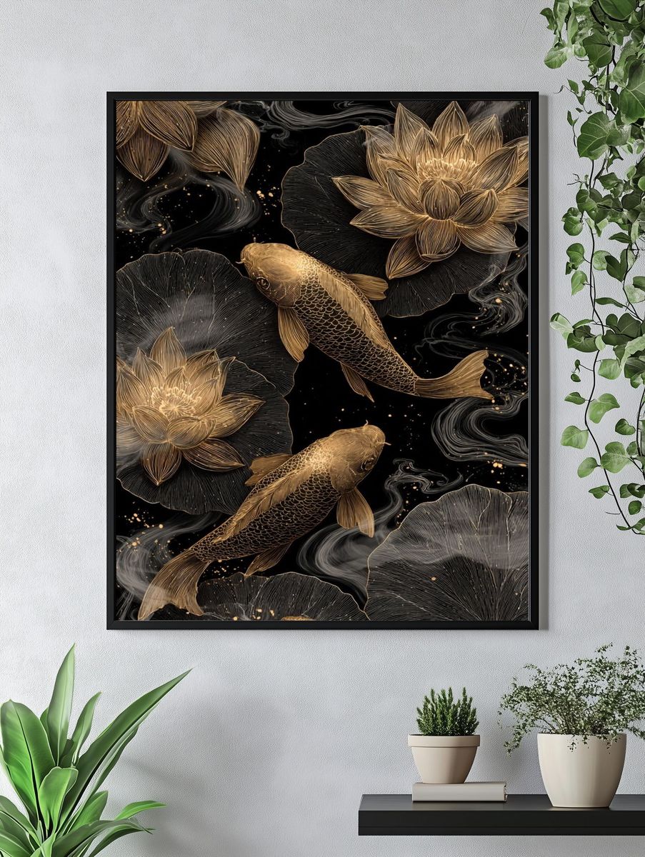 Koi Fish and Lotus — Art Print. — room view 4