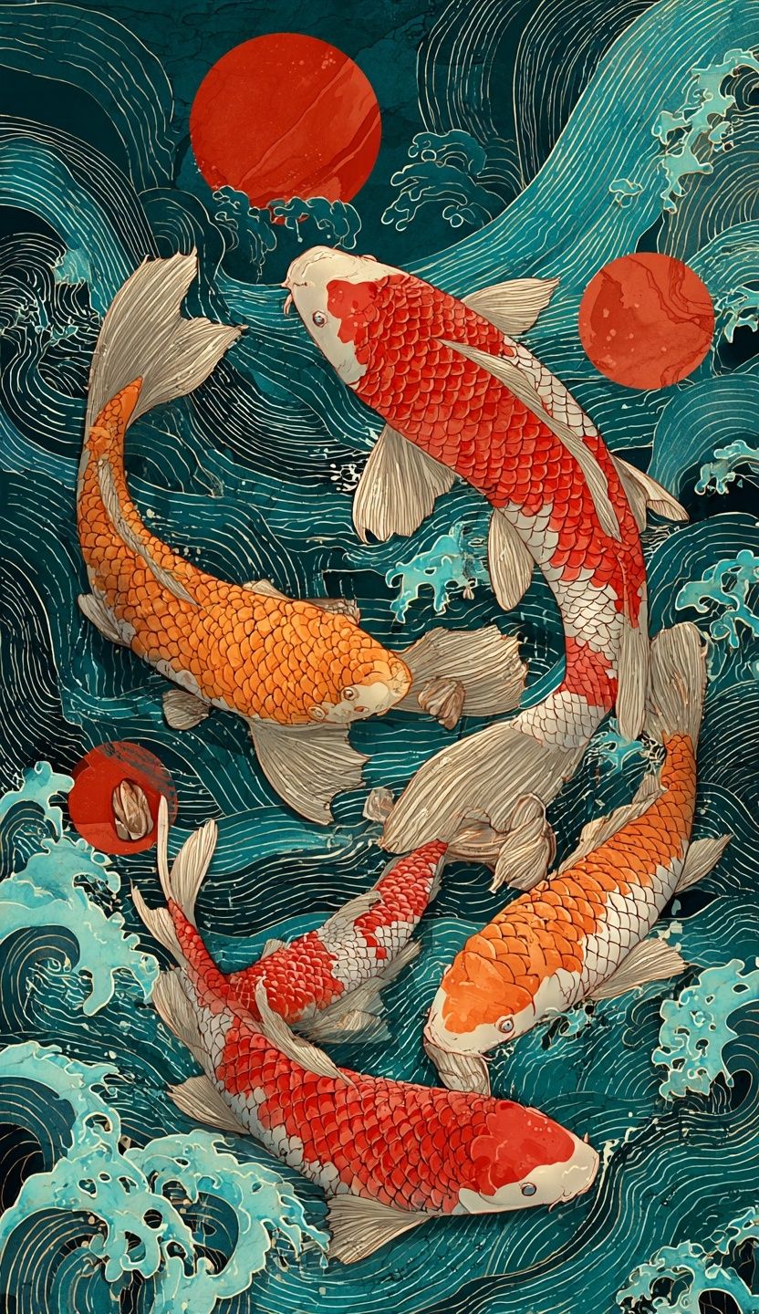 Koi Fish in Waves — Japanese Art Print. poster detail