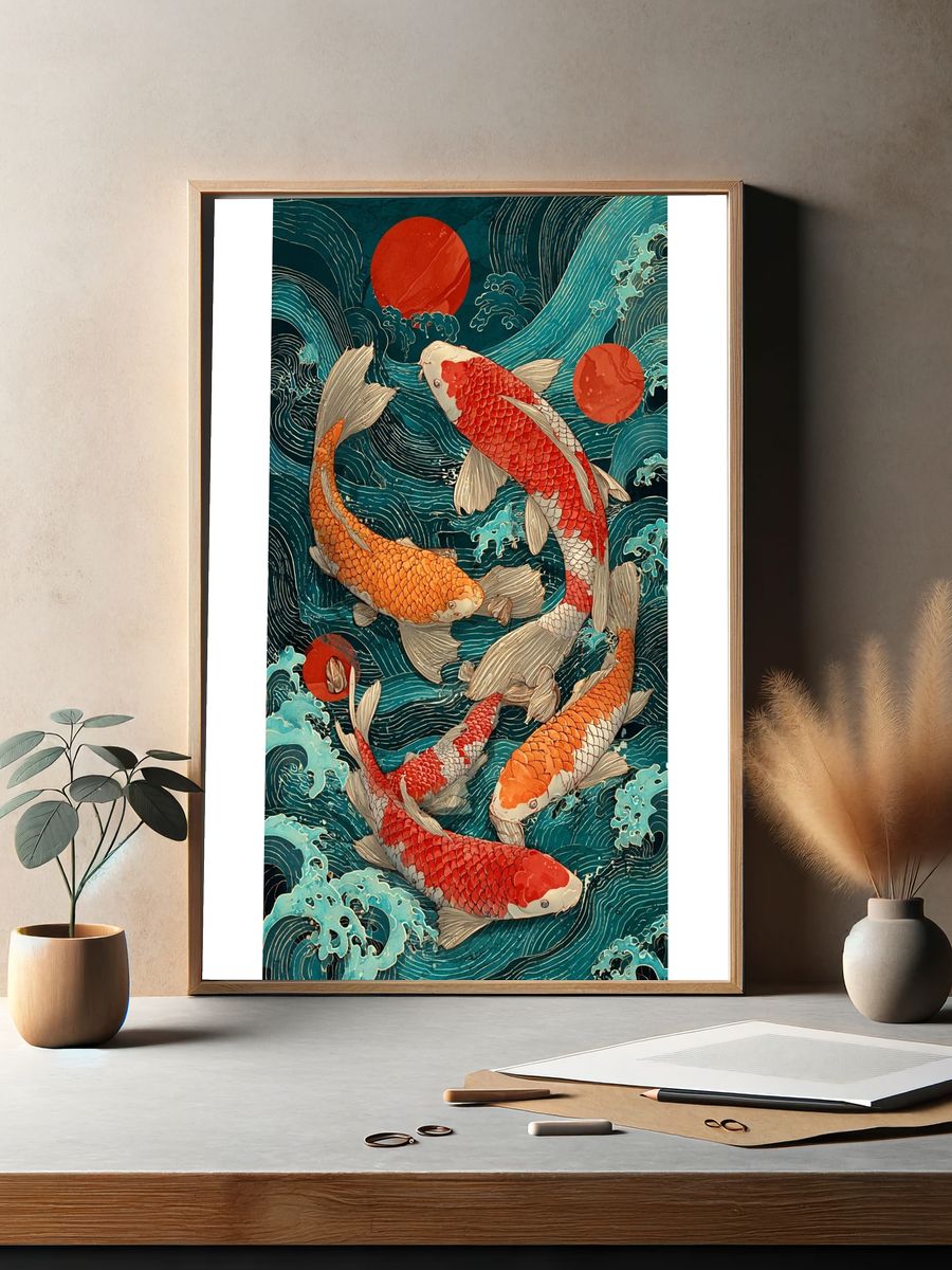 Koi Fish in Waves — Japanese Art Print. — room view 2