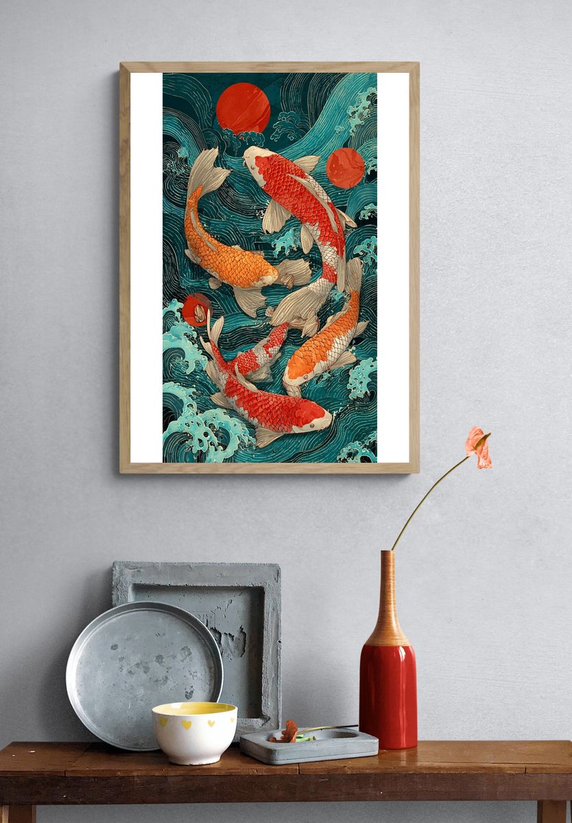 Koi Fish in Waves — Japanese Art Print. — room view 3