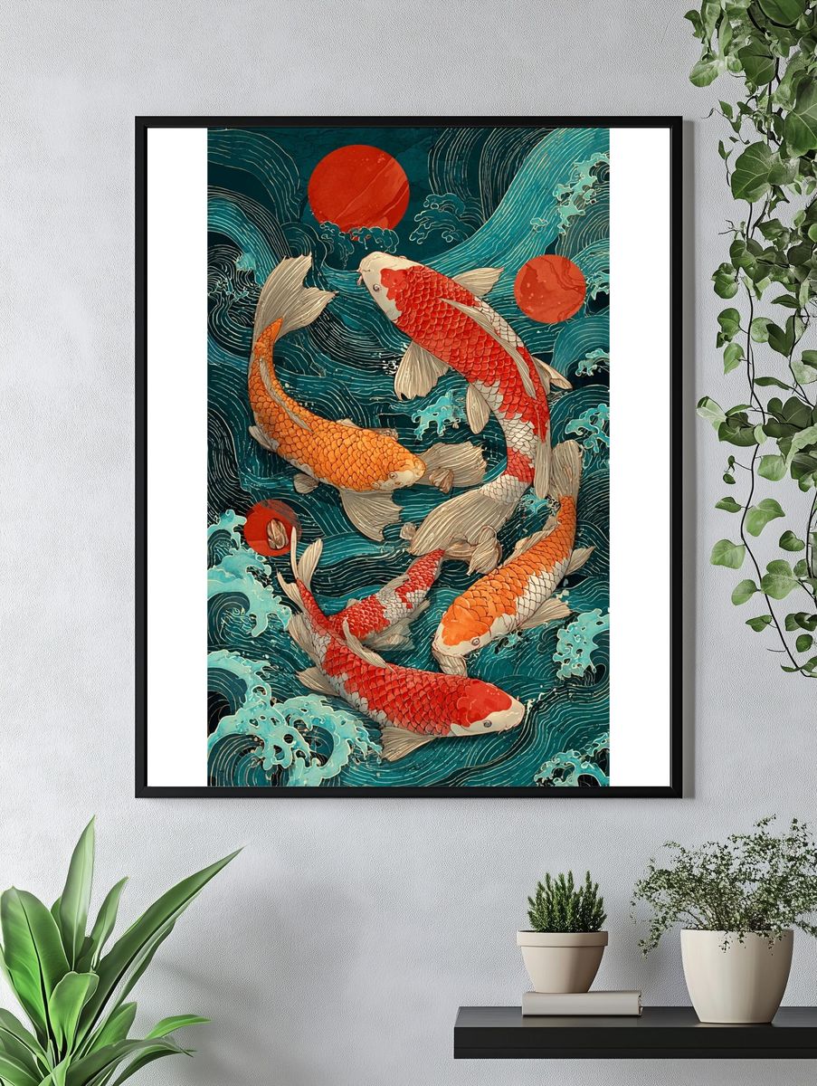 Koi Fish in Waves — Japanese Art Print. — room view 4