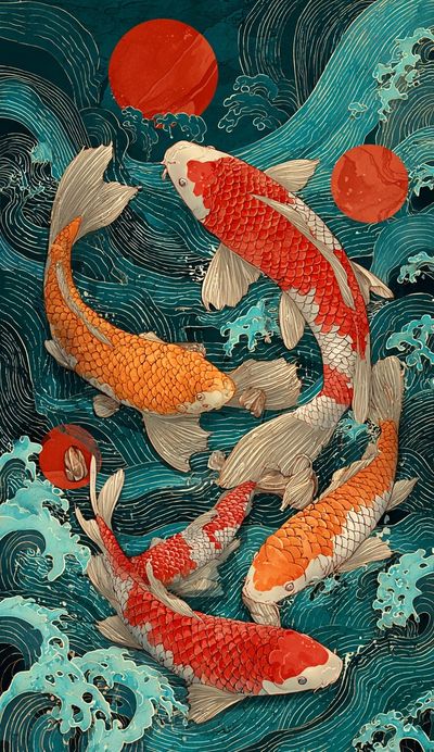 Koi Fish in Waves — Japanese Art Print. poster print