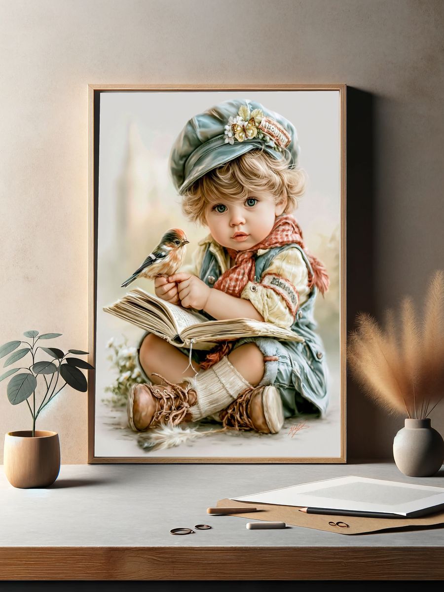 Little Reader with Bird Illustration Print. — room view 2