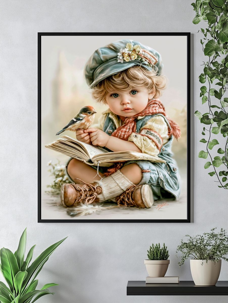 Little Reader with Bird Illustration Print. — room view 4