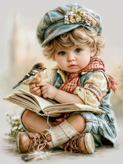 Little Reader with Bird Illustration Print.