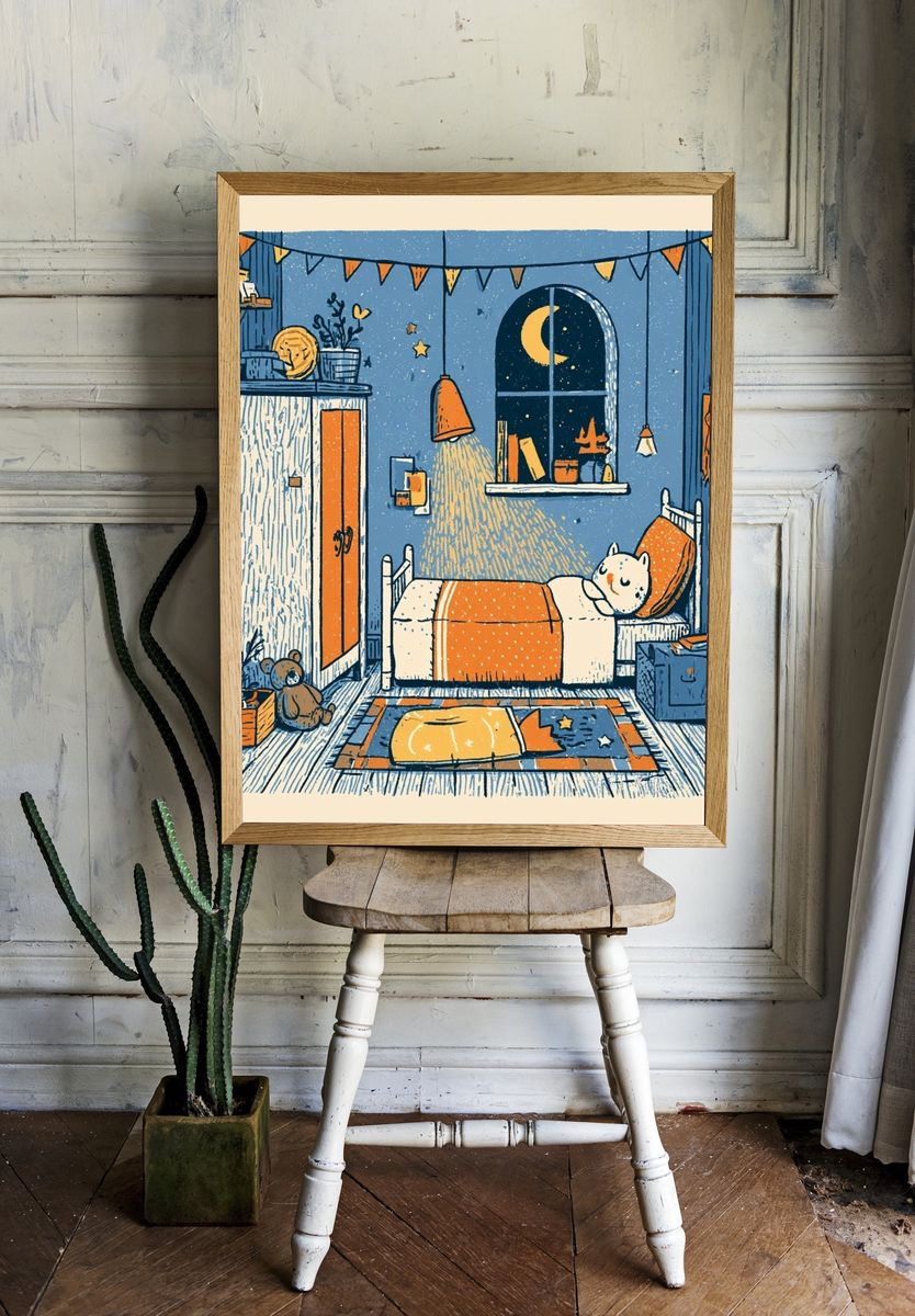 Cozy Cat Bedroom Illustration Poster. — room view 1