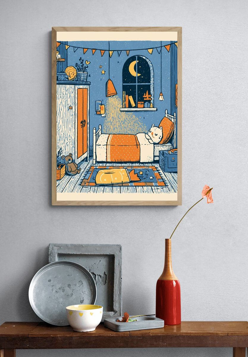 Cozy Cat Bedroom Illustration Poster. — room view 3