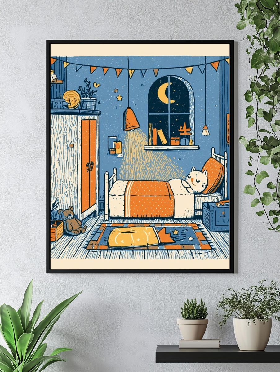 Cozy Cat Bedroom Illustration Poster. — room view 4