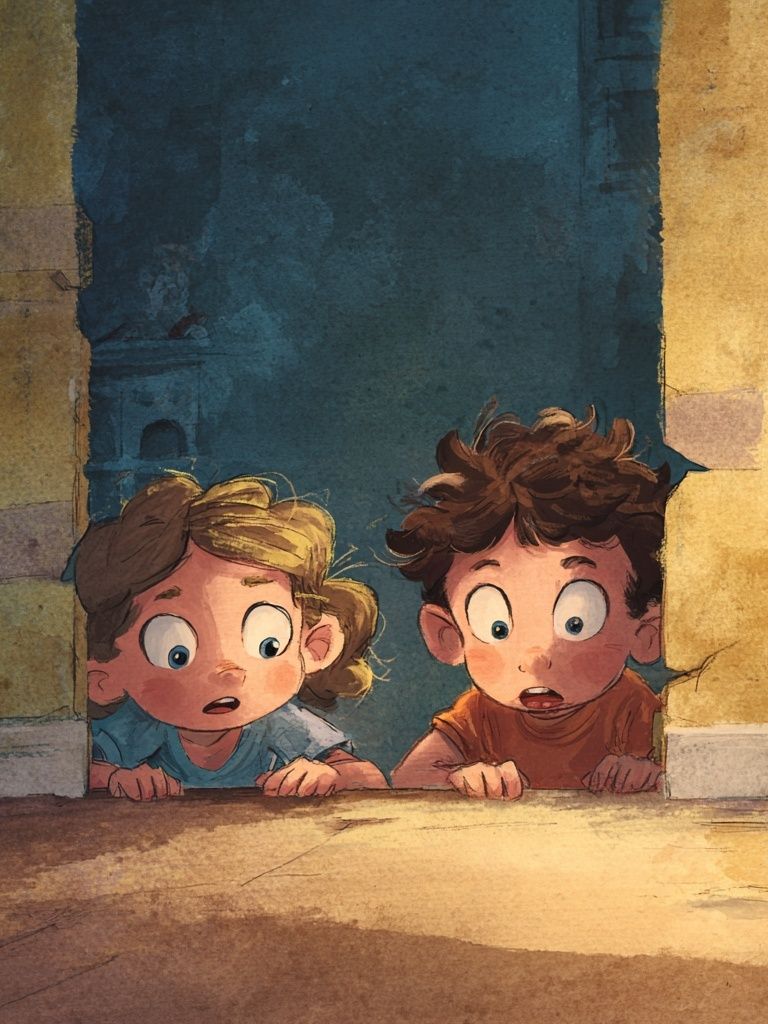 Curious Children in Doorway Illustration Poster. poster — kids art